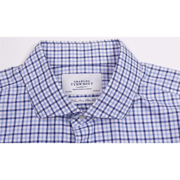 Charles Tyrwhitt Non Iron Slim Fit Blue Checkered Dress Shirt (44) 17.5-34 - Picture 5 of 7